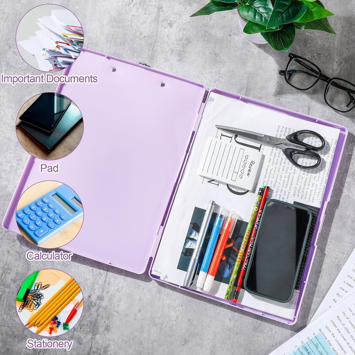 2 Pcs Plastic Clipboard with Storage 12.91 X 9.25 Inch Heavy Duty Clip Boards with Pen Holder Storage Clipboard with Low Profile Clip School Supplies for Office School Classroom, Light Purple