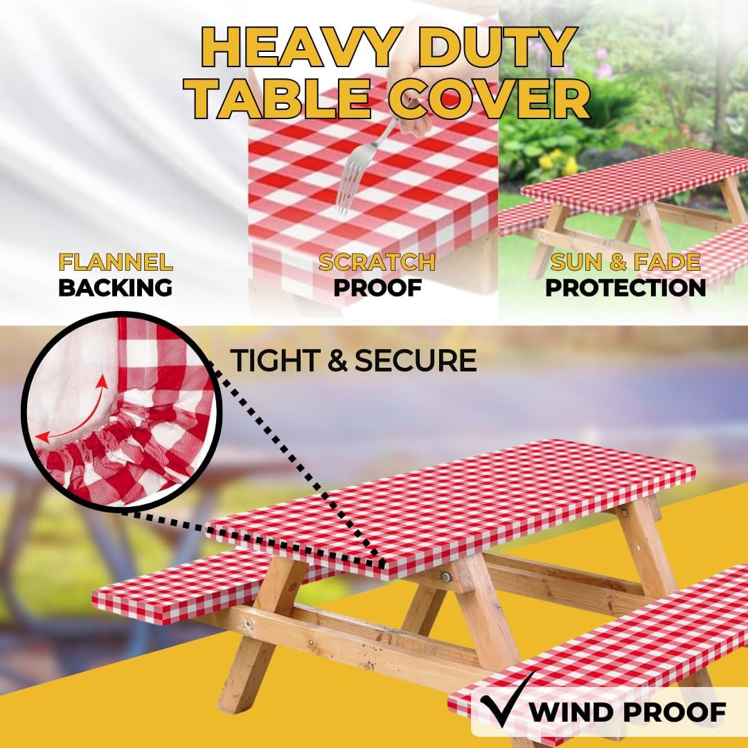 Vinyl Fitted Picnic Table Cover with Bench Covers and Bag, 6Ft Outdoor Waterproof Picnic Tablecloth with Elastic Edges, 72X30 Inches 3 Pcs Set (Red)