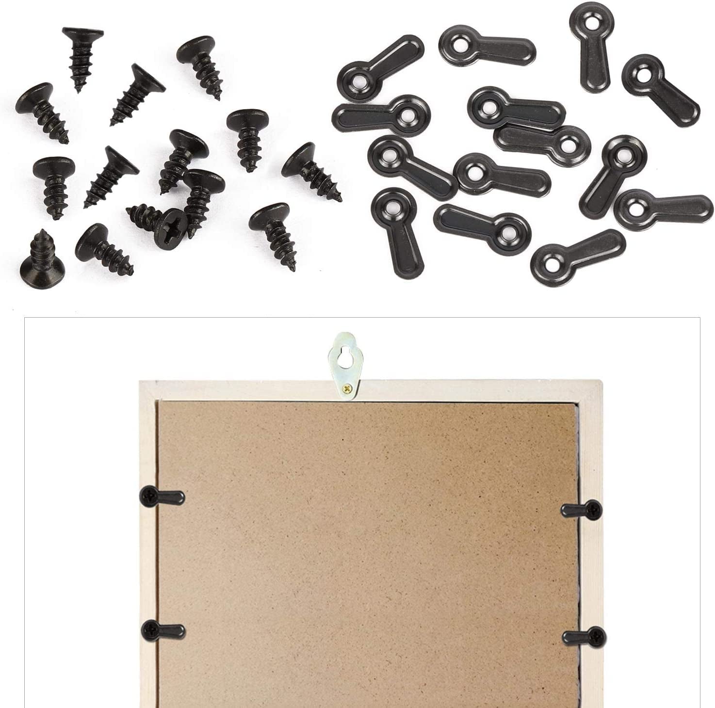 300 Picture Turn Button Fasteners Photo Frame Hardware and 300 Screws for Craft, Hanging, Drawing, Black