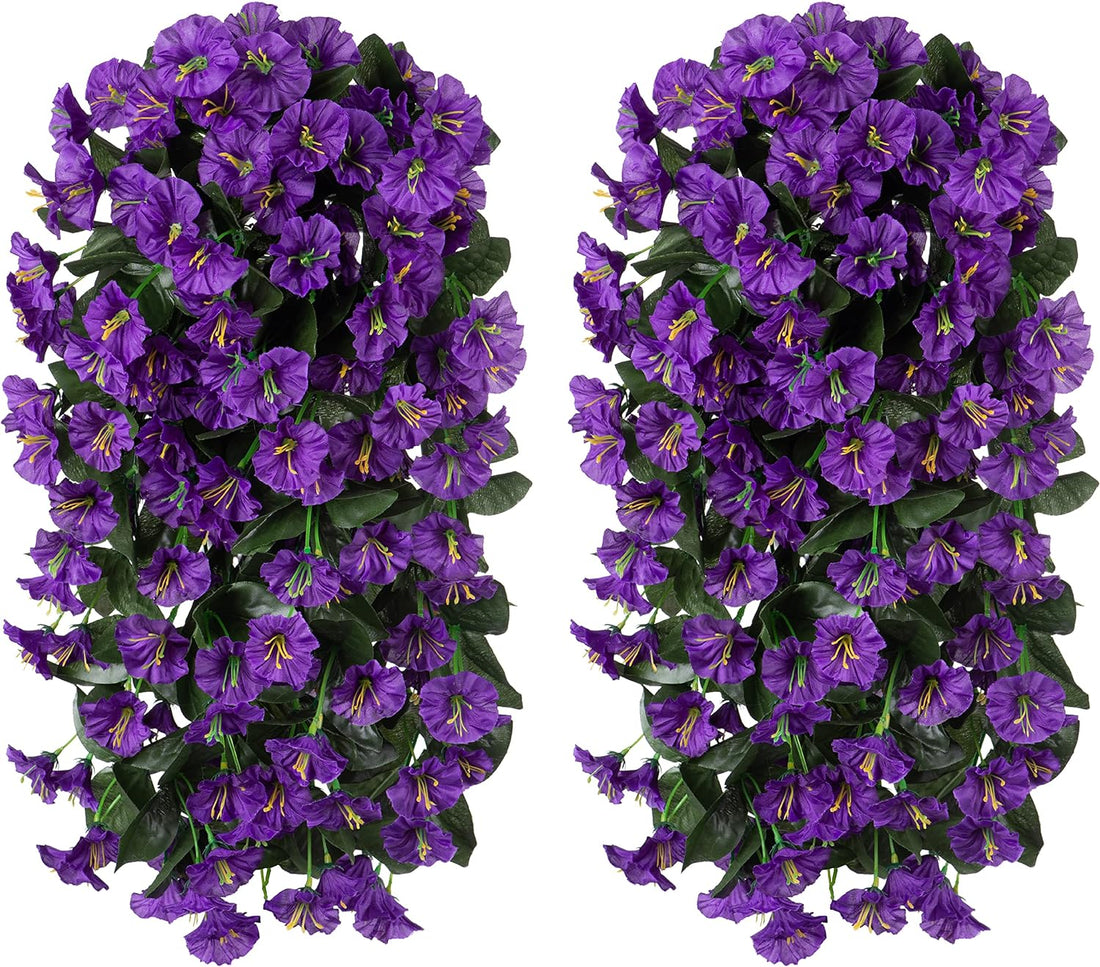 Artificial Fake Hanging Flowers Plants for Outdoor Spring Summer Decoration, 2PCS Faux Silk UV Resistant Look Real Purple Morning Glory Trailing Vines for outside Indoor Home Planter Porch Patio