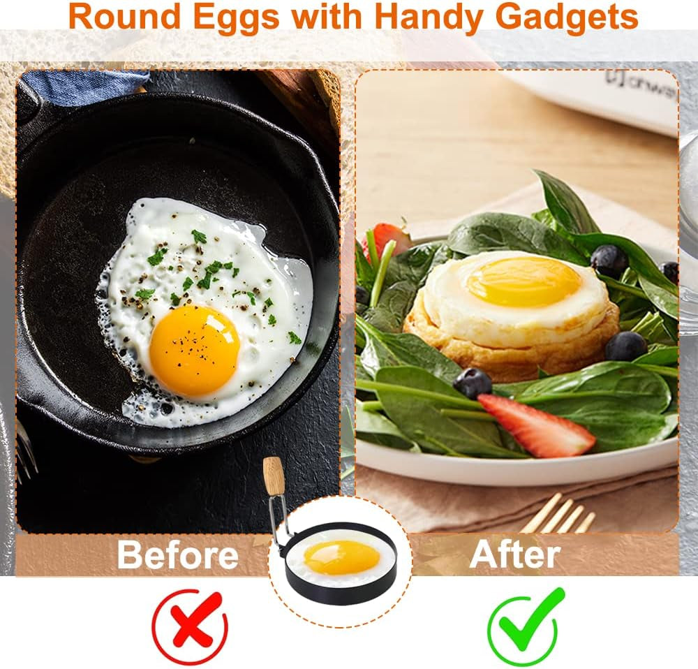 COTEY 3.5&quot; Egg Rings Set of 2 with Wooden Handle, Large Ring for Frying Eggs, round Mold for English Muffins - Griddle Cooking Shaper for Breakfast