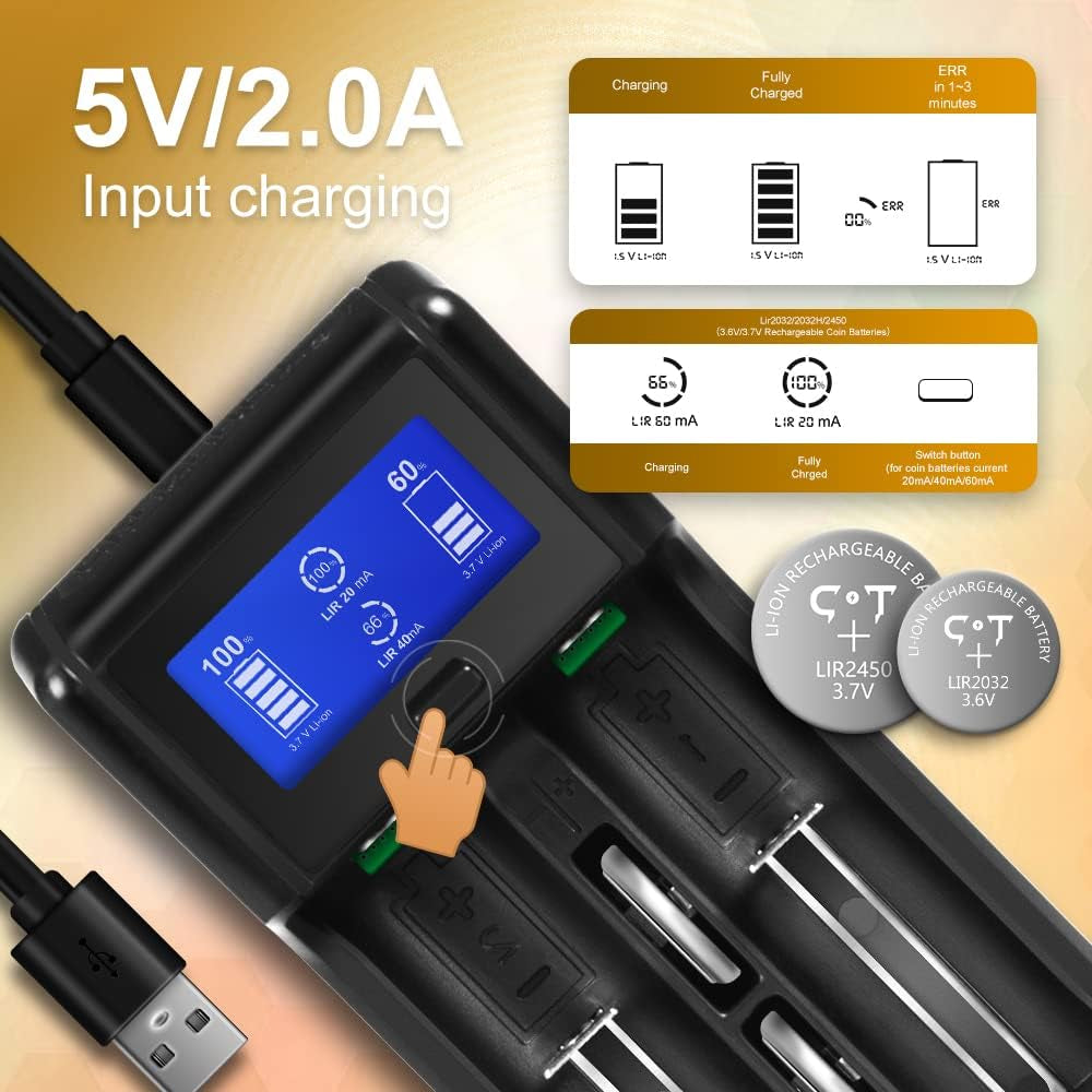 Universal Battery Charger with Rechargeable Batteries 2032 2450,LCD Smart Battery Charger for Rechargeable Batteries of Li-Ion Ni-Mh Ni-Cd AA AAA C 2032 2450