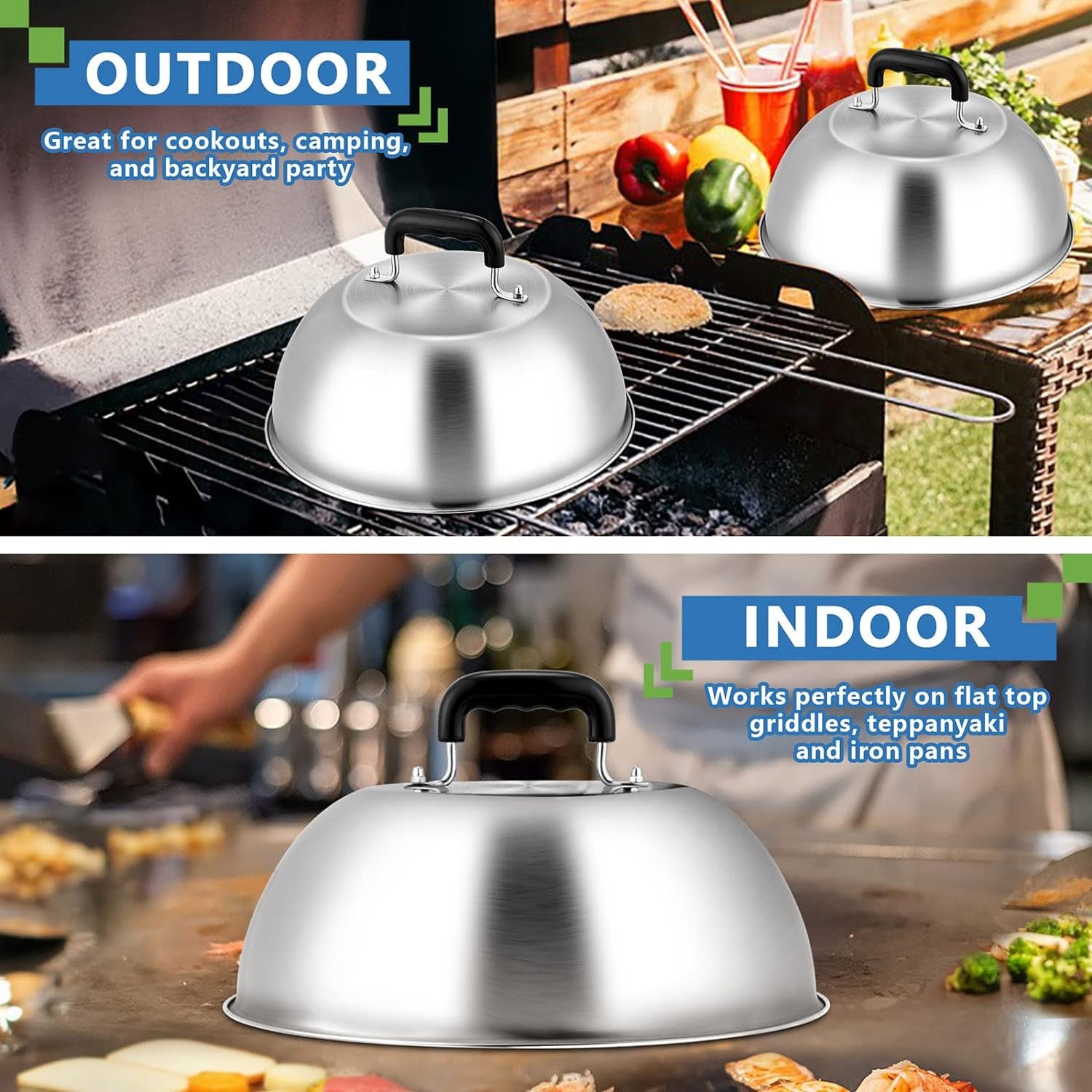 Cheese Melting Dome Set of 2(12 Inch), Joyfair Large Stainless Steel Basting Cover for Griddle, Flat Top Grill Tools for Outdoor BBQ Grilling Teppanyaki Cooking Steaming, Heavy Duty &amp; Dishwasher Safe