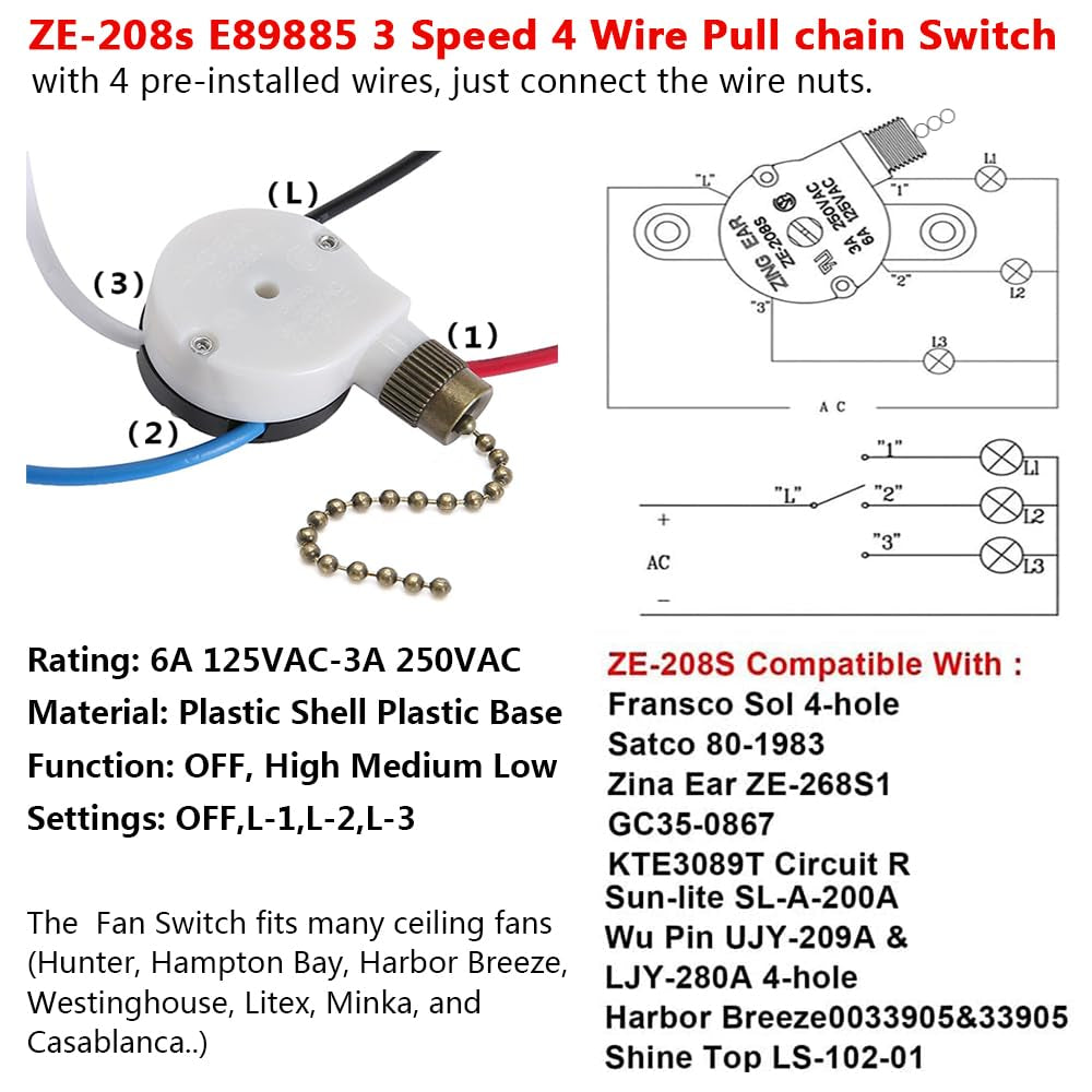 Ceiling Fan Switch Zing Ear Ze-208S E89885 3 Speed 4 Wire Pull Chain Switch Fan Light Switch Replacement Part with 4 Pre-Installed Wires(Bronze Chain)