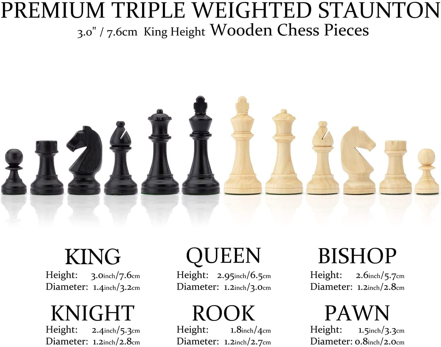 A&amp;A Premium Triple Weighted Staunton Wooden Chess Pieces W/ 2 Extra Queen - King Height 3&quot; / 7.6Cm / 2 Storage Bags