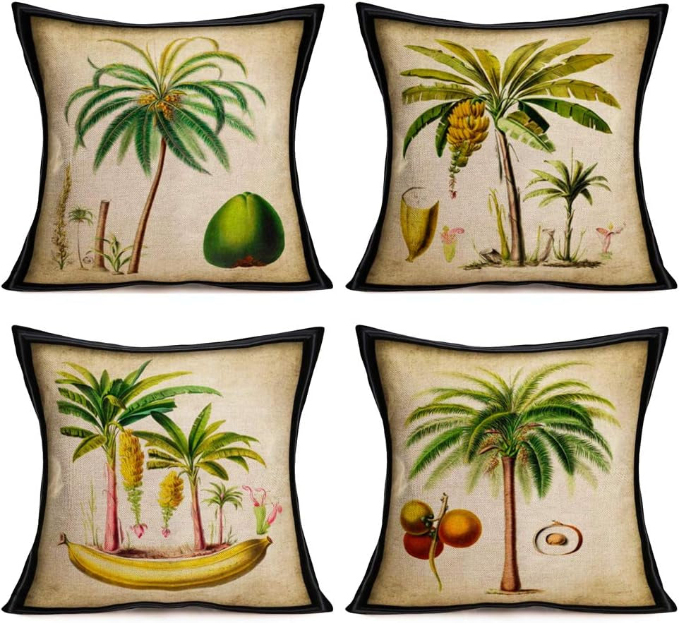 Tropical Throw Pillow Covers Set of 4 Cotton Linen Summer Coconut Palm Banana Tree Green Leaf Throw Cushion Cover for Home Sofa Bed Car Couch, 18&quot; X 18&quot; (Tropical Plants)