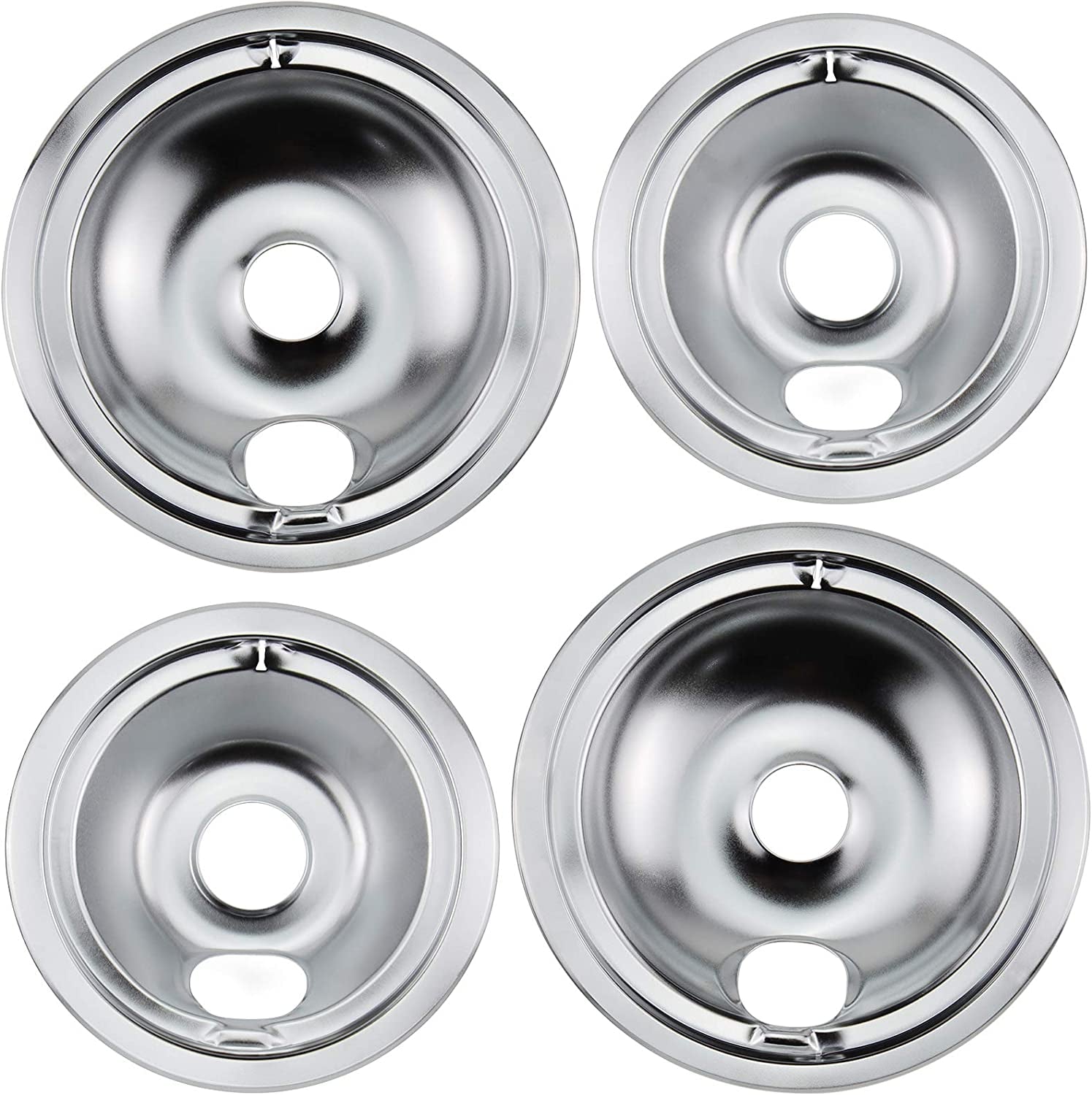 WB31T10010 WB31T10011 Chrome Range Drip Pans - Compatible for GE Hotpoint Ken-More Electric Range with Locking Slot - Includes 2 6-Inch and 2 8-Inch Drip Bowl Pans - 4 Pack (Chrome Plated Steel)