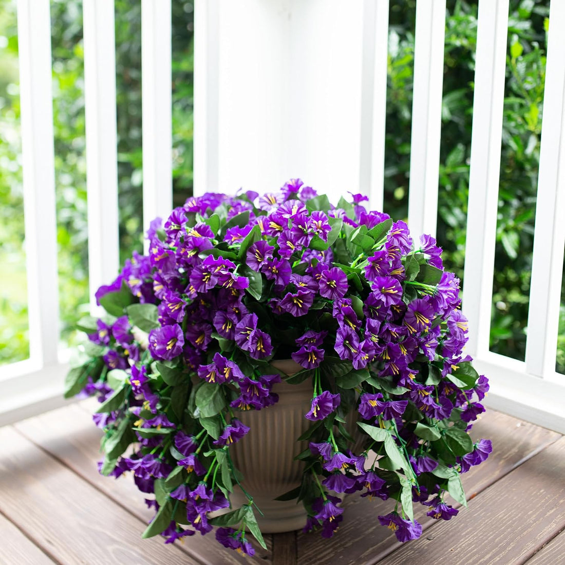 Artificial Fake Hanging Flowers Plants for Outdoor Spring Summer Decoration, 2PCS Faux Silk UV Resistant Look Real Purple Morning Glory Trailing Vines for outside Indoor Home Planter Porch Patio