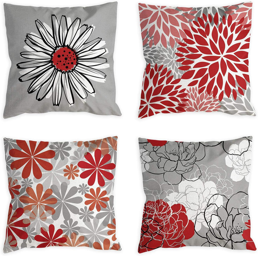 COLORPAPA Pillow Covers 18X18 Set of 4 Black and Red Decorative Throw Pillow Cover for Couch Modern Daisy Pillows Case for Living Room Cushion Bed Outdoor Grey Burgundy Home Decor