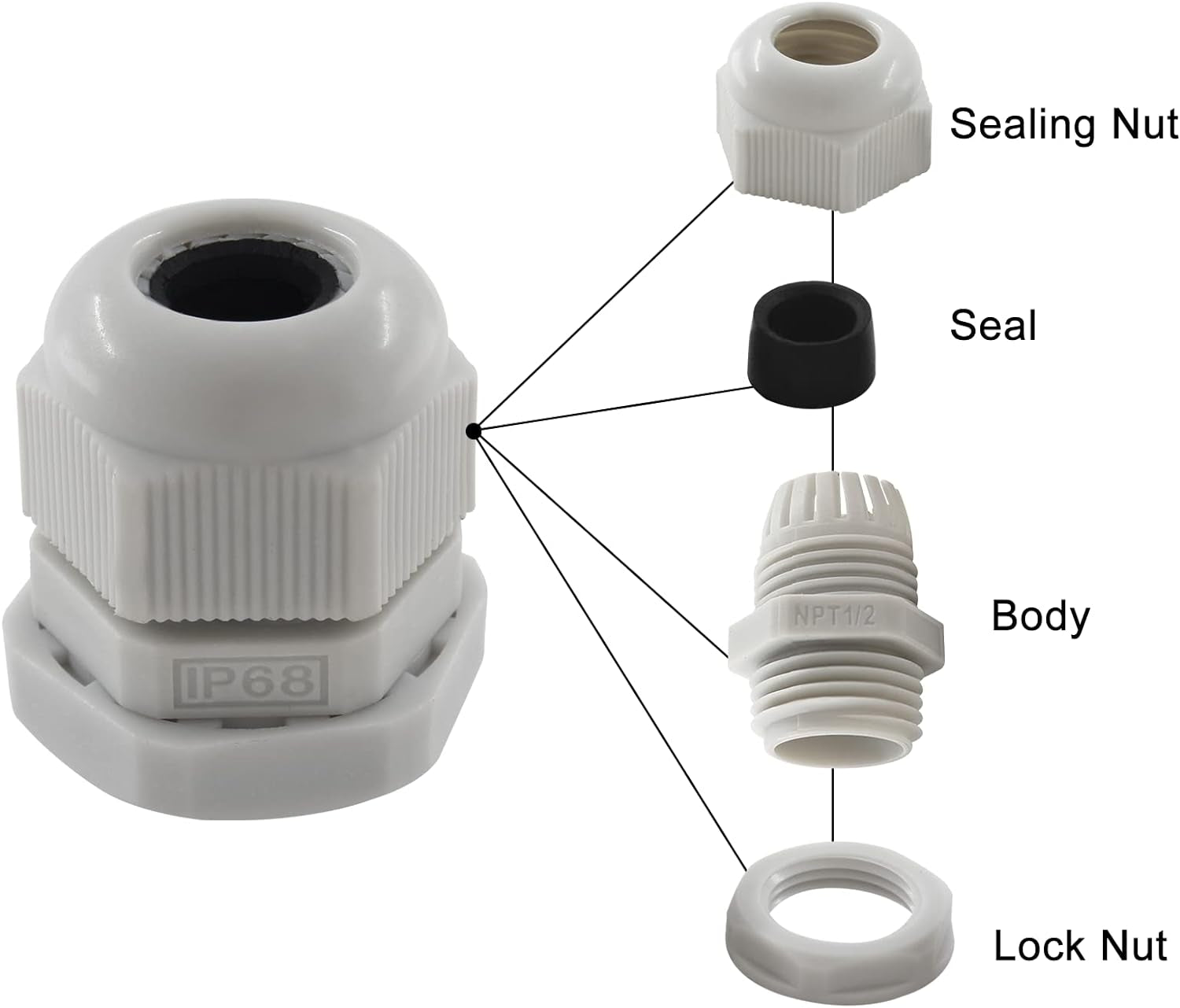 20 Pack NPT 1/2 Cable Glands Grey Cord Grips Nylon Strain Relief Wire Glands Waterproof Cable Gland Connectors(Grey)