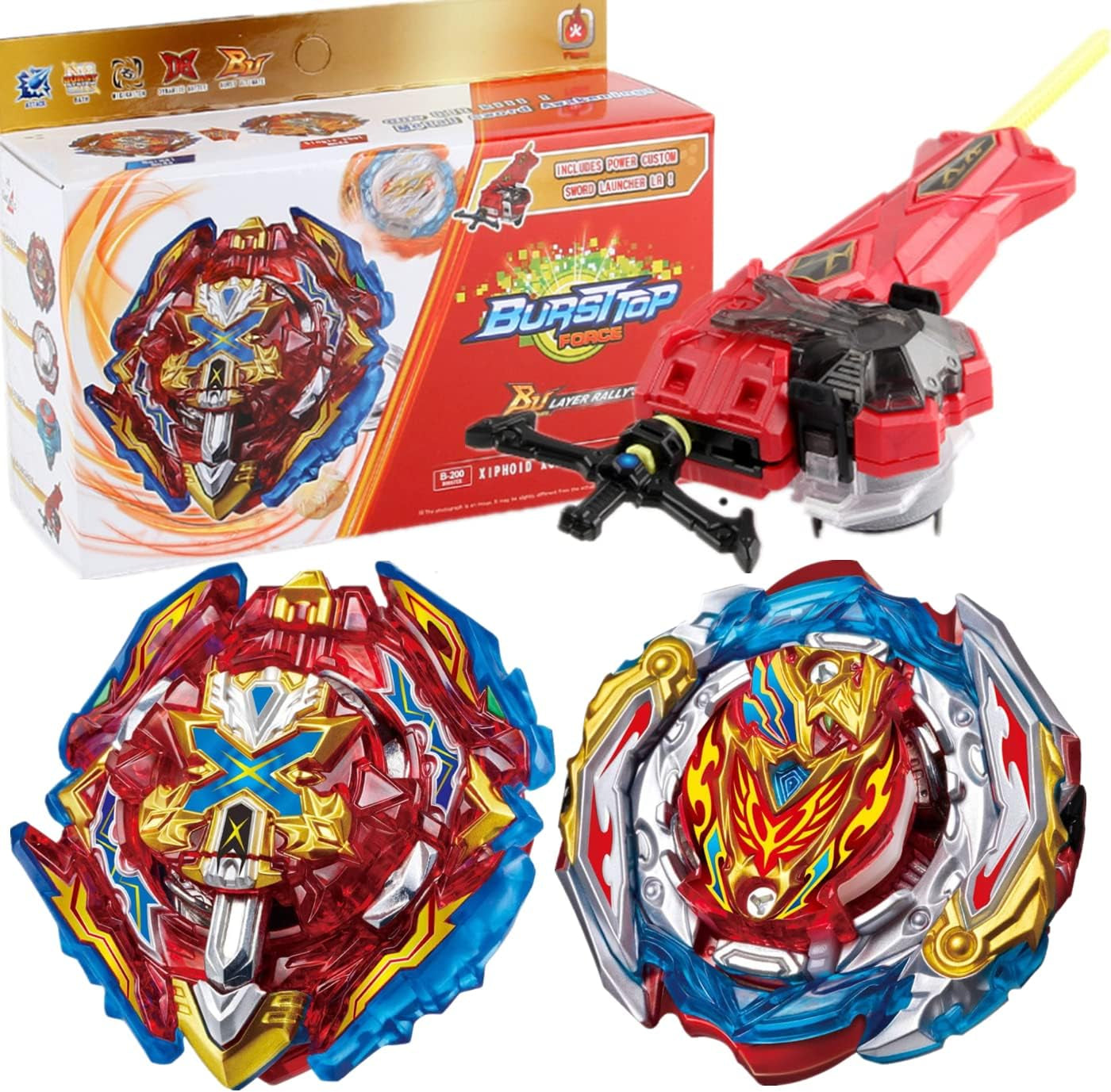 B-201 Zest Achilles Xiphoid Excalibur 1-Piece Two-Way Launcher, Battle Burst Battling Tops with Launchers Set, Burst Quadrive Gyros for Boys Kids Birthday Party Christmas Idea Gift