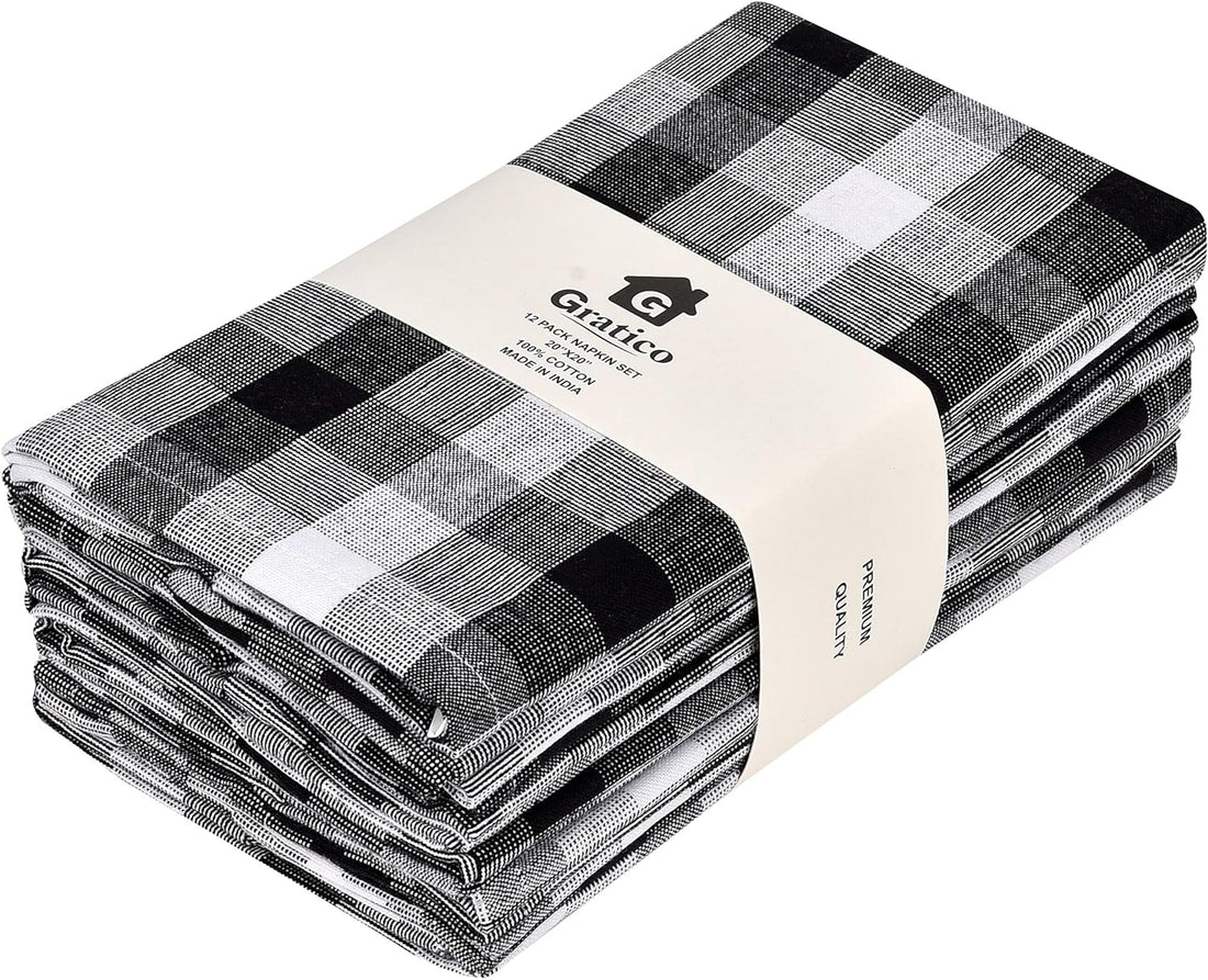 Cloth Napkins Set of 12 Cotton Dinner Napkins 20X20 in Cloth Washable Buffalo Plaid Checks Premium over Sized Black Cloth Napkins with Mitered Corners Ultra Soft Durable Hotel Quality