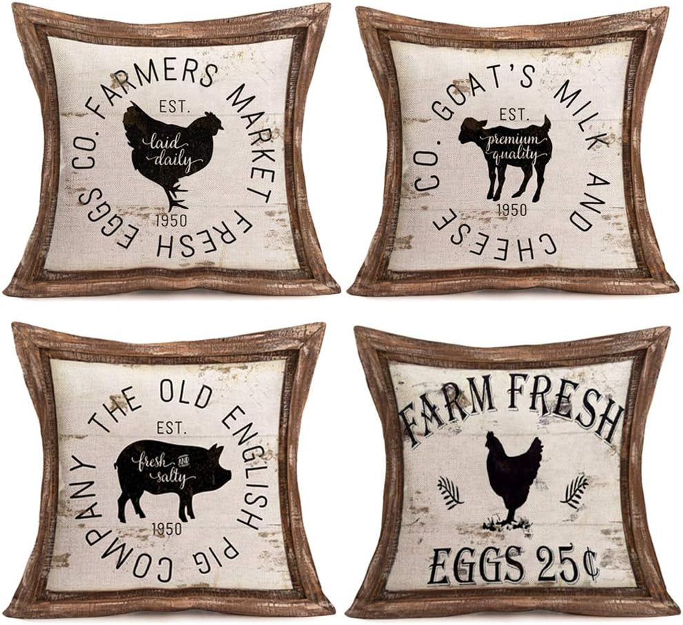 Vintage Farm Farmhouse Pillow Cover 18&quot;X18&quot; Set of 4 Rustic Farm Animal Rooster Hen Cow Pig Rustic Throw Pillow Cases Cushion Cover for Home Couch (VAP 06)