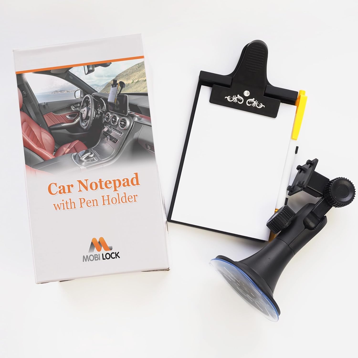 Car Clip Board with Pen Holder and Pad Mount, Universal Suction Cup, Flexible Neck Mount with 1 Pad, by Mobi Lock