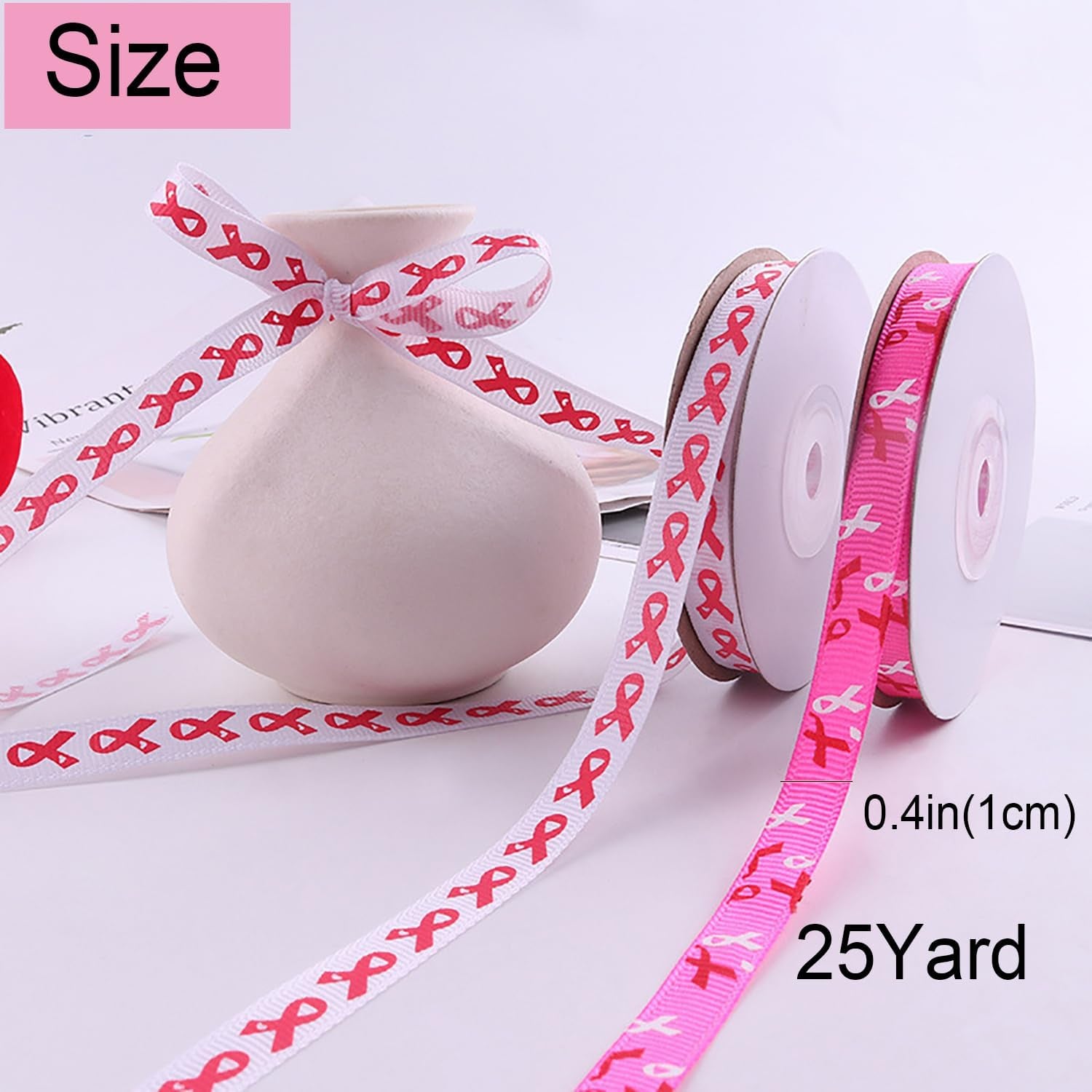 50Yards Breast Cancer Awareness Ribbon, 2Rolls Printed 3/8 Inch Grosgrain Ribbon for Gift Wrapping DIY Crafts Decoration (White, Rose Pink)