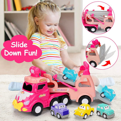 Toys for 1 2 3 Year Old Girl Gifts: 5-In-1 Carrier Truck Toddler Girl Toys Age 1-2 Pink Princess Car Toys for Toddlers Girls Age 1 2 3 Years Old Baby Girl Birthday Gifts