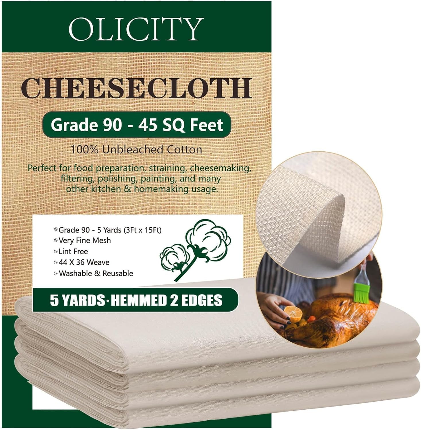 Cheese Cloths, Grade 90, 3X15Ft, 45 Sq Feet, Hemmed Long Edges Cheese Cloth Fabric Fine Mesh Cloth, Reusable 100% Cotton Unbleached Muslin Cheesecloth for Straining, Cooking - 5 Yards