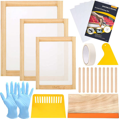 Caydo 24 Pieces Screen Printing Kit, Include 3 Sizes Wood Silk Screen Printing Frame with 110 Mesh, Screen Printing Squeegees, Transparency Inkjet Film, Masking Tape