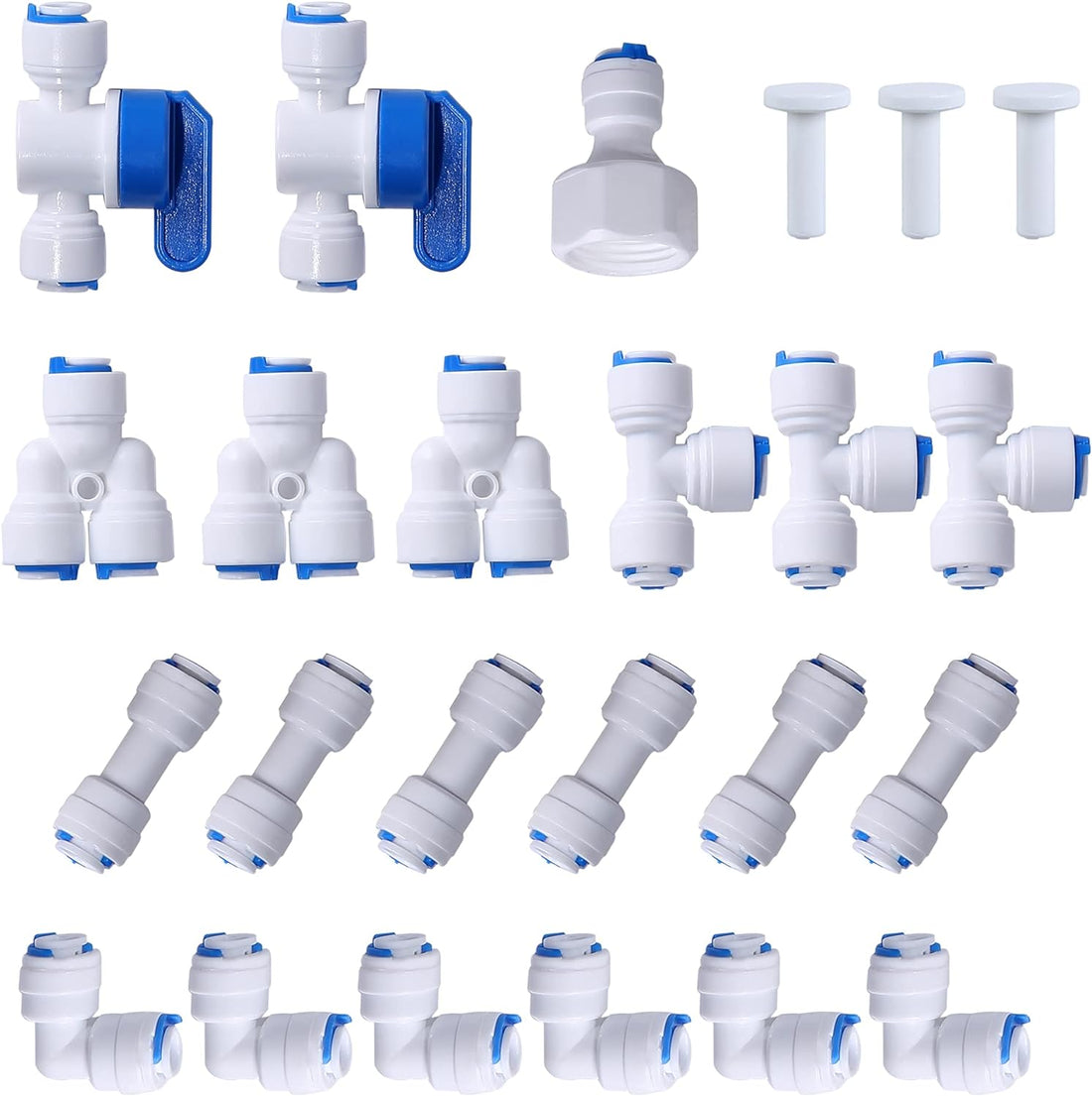 1/4&quot; OD Quick Connect Push in to Connect Water Tube Fitting (Ball Valve + T + L + I + Y + Faucet Connection + End Caps, 24-Pack)