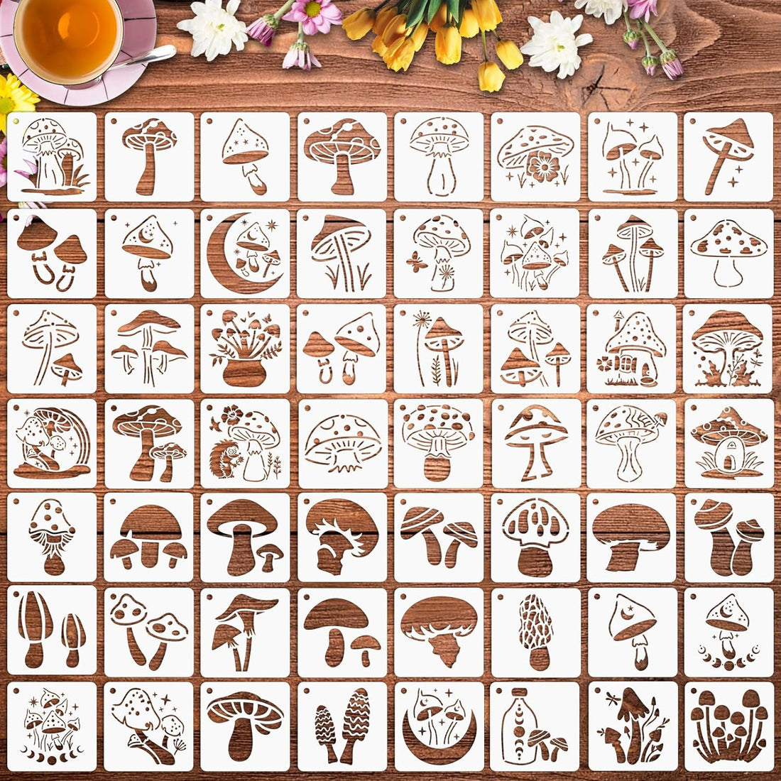 Augshy Mushrooms Stencils Template, 56 Pack Reusable Plastic Template Stencils Moon Flowers Stencils for Painting on Wall Floor Decor DIY Rock Painting Art Projects (3 Inch)