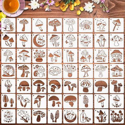 Augshy Mushrooms Stencils Template, 56 Pack Reusable Plastic Template Stencils Moon Flowers Stencils for Painting on Wall Floor Decor DIY Rock Painting Art Projects (3 Inch)