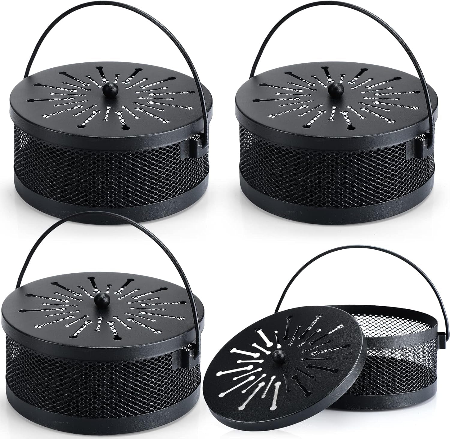 4 Pieces Mosquito Coil Holder Incense Coil Holder Retro Portable Hanging Incense Burner Holder with Handle round Metal Incense Holder for Home Camping Indoor Outdoor Patio (Black,Mesh Style)