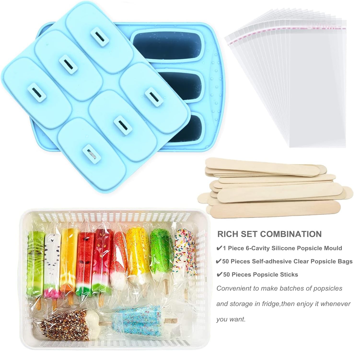 Bangp Popsicle Molds 6 Pieces,Silicone Ice Pop Molds BPA Free,Homemade Popsicle Maker,Reusable Easy Release Ice Pop Maker for Kids,With 50 Popsicle Sticks and 50 Popsicle Bags(Blue)