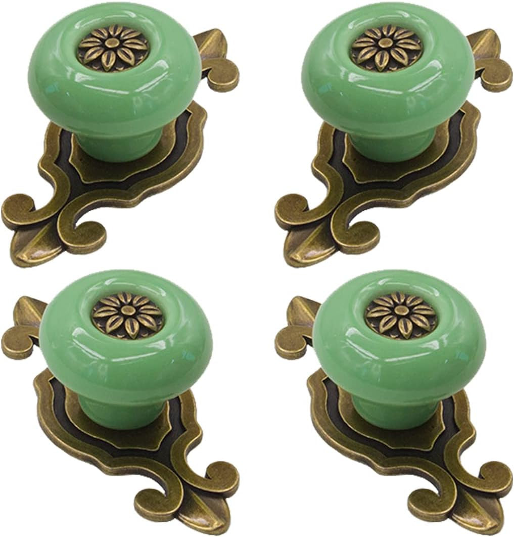 Ceramic Cabinet Knobs, [4 Pack] Vintage Elegant Dresser Drawer Knobs Backplate, Decorative Knobs for Wardrobe/Dresser Drawer/Cupboard (Green, 4 Pieces)