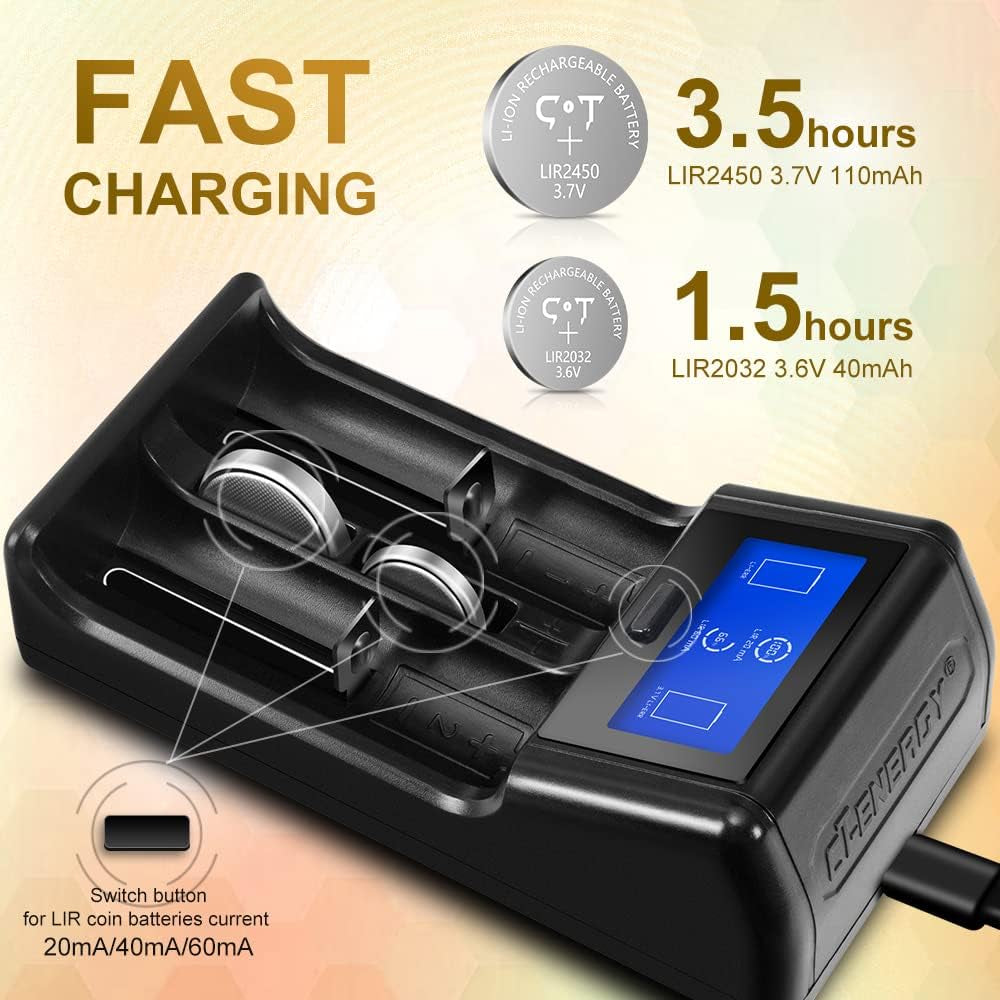 Universal Battery Charger with Rechargeable Batteries 2032 2450,LCD Smart Battery Charger for Rechargeable Batteries of Li-Ion Ni-Mh Ni-Cd AA AAA C 2032 2450