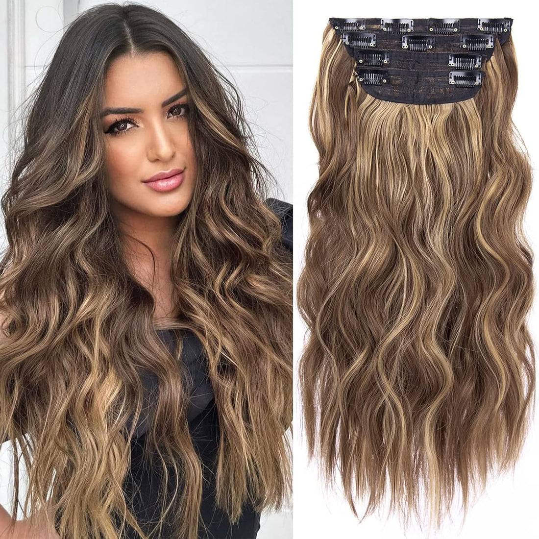 4PCS Clip in Hair Extensions Honey Blonde Mixed Light Brown 20 Inch Long Wavy Synthetic Hair Extensions (4Pcs, 20Inch, 22H10