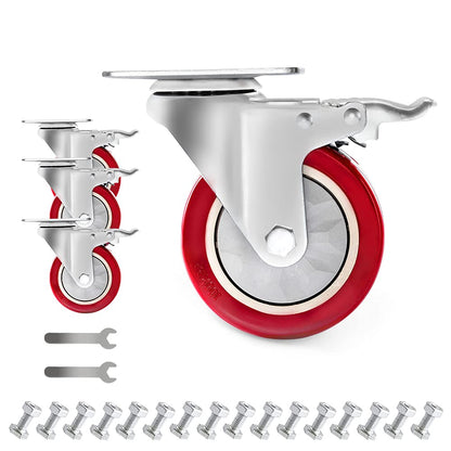 D&amp;L 4 Inch Plate Swivel Casters Wheels 1800Lbs Heavy Duty Casters with Brake Polyurethane Dual Locking Casters Set of 4 Red DL-I4-001