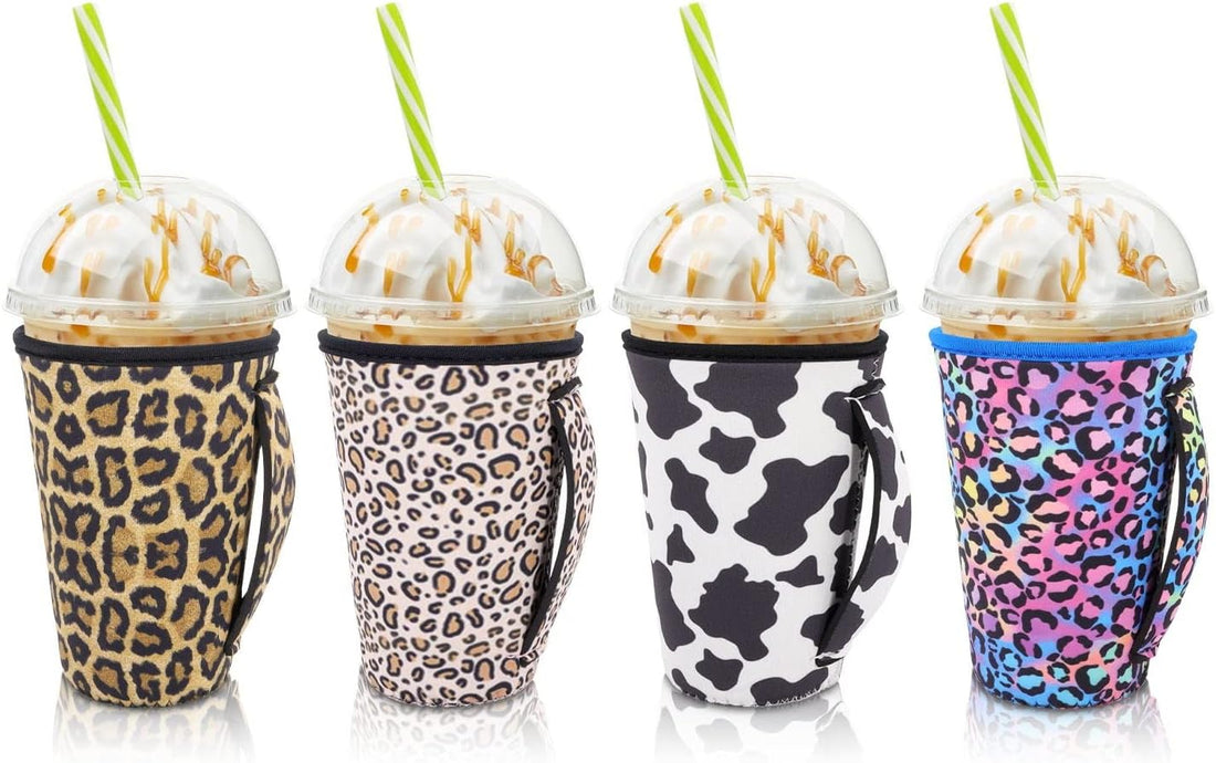 4Pack Reusable Iced Coffee Sleeve Insulator Sleeves for Cold Drinks Beverages, Neoprene Cup Holder for Most Coffee, Fits 30-32Oz Large Cups (Animal Pattern with Handle)