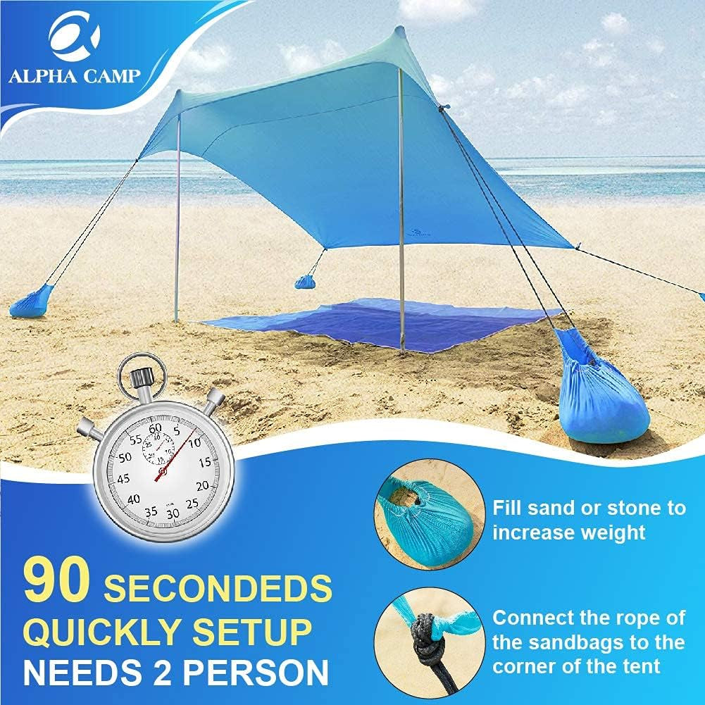 ALPHA CAMP Beach Tent Canopy, Portable Sun Shelter Sun Shade 7X7 FT with Sandbag Anchors, 2 Pole Pop up Outdoor Shelter Family Size for Beach, Camping, Fishing, Backyard, Picnics - Blue