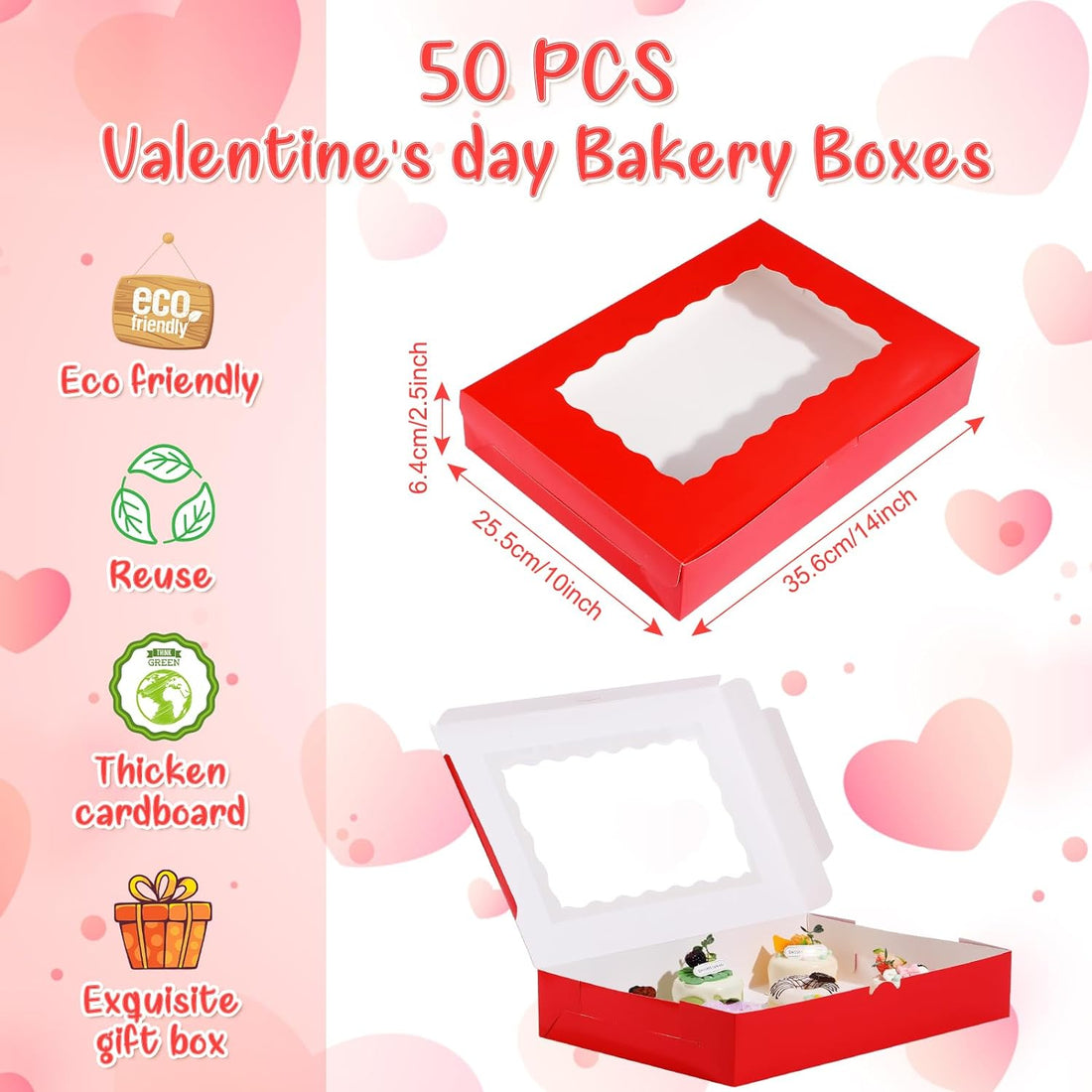 Crtiin 50 Pcs Red Large Bakery Boxes with Window for Wedding Gifts 14 X 10 X 2.5 Inch Wedding Treat Boxes Cookie Boxes with Window for Pastry, Donuts, Muffins and Strawberries