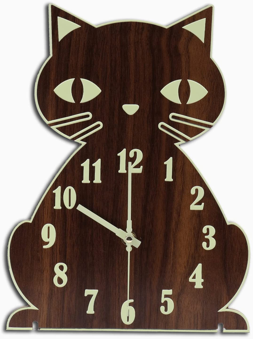 Wall Clock Glow in the Dark/Night Light Cute Cat Clock Silent Non-Ticking Wooden Wall Clocks Battery Operated Analog Clock for Bedroom Living Room Home Wall Decor,Funny Gifts,12 Inch Brown