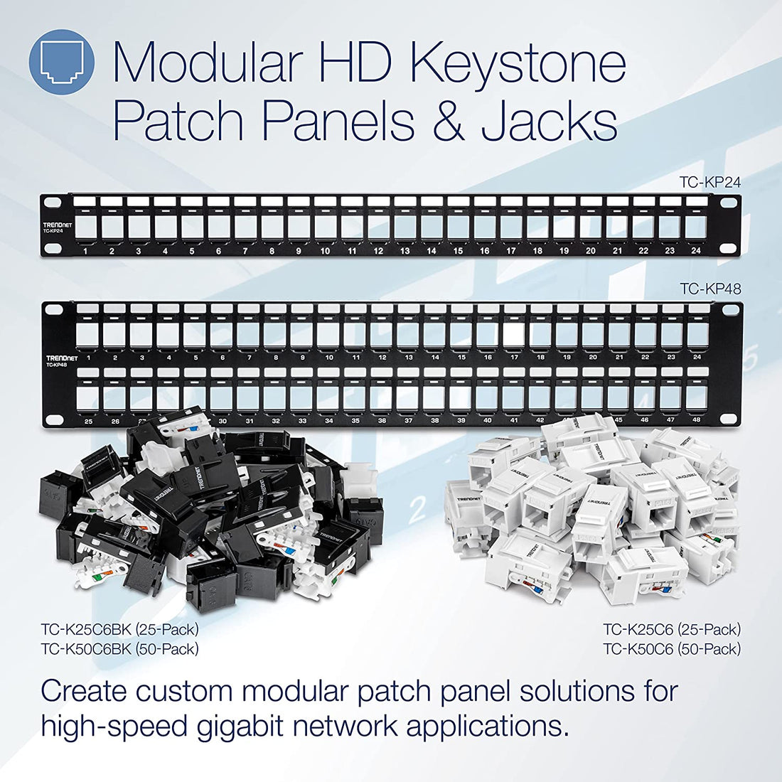 Trendnet 24-Port Blank Keystone 1U Patch Panel, 1U 19&quot; Metal Rackmount Housing, Recommended with TC-K25C6 &amp; TC-K50C6 Cat6 Keystone Jacks (Sold Separately), Black, TC-KP24