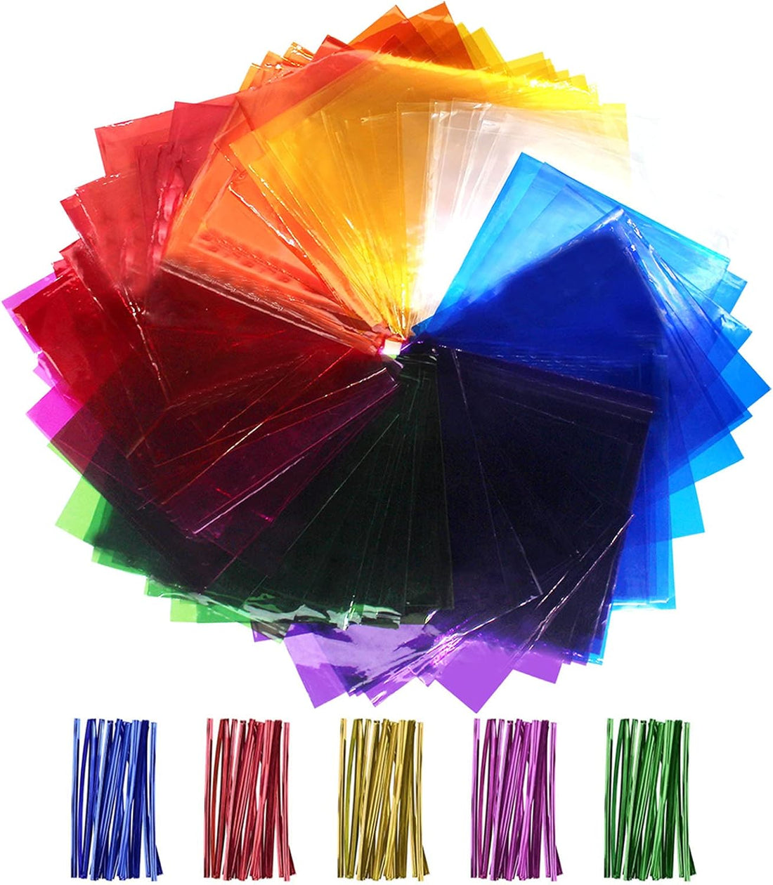 Cinvo 160 Pcs Cellophane Sheets Multi-Colored See through Colorful Sheets with Twist Ties Cello Wraps for DIY Arts and Crafts, Treats Candy Wrapping Party Supplies (7.5 X 7.5 Inch)