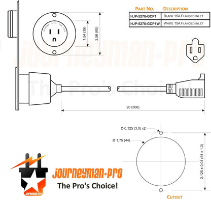 15 Amp AC Power Inlet Port Charger Plug, by Journeyman-Pro 110-125 Volt Socket, Waterproof Electrical Outlet Receptacle, 20-Inch Integrated Outdoor Rv/Shore Extension Cord 5-15R (5278GCP1)