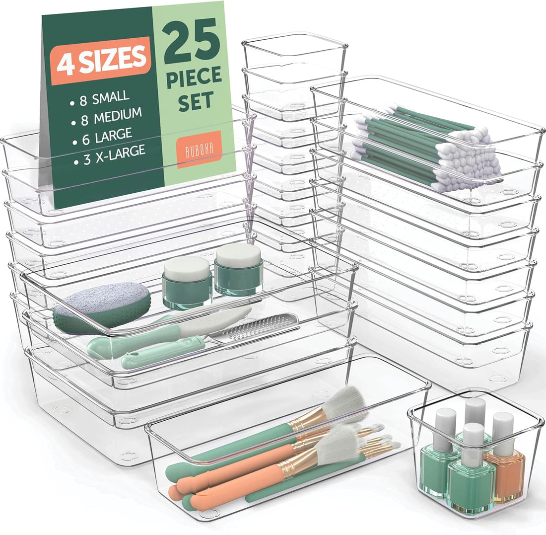 25 PCS Clear Plastic Drawer Organizers Set, 4 Sizes Clear Drawer Organizers &amp; Storage Bins for Makeup/Jewelry Vanity, Kitchen Gadgets or Office Desk. Bathroom Drawer Organizer Trays with Non-Slip Pads