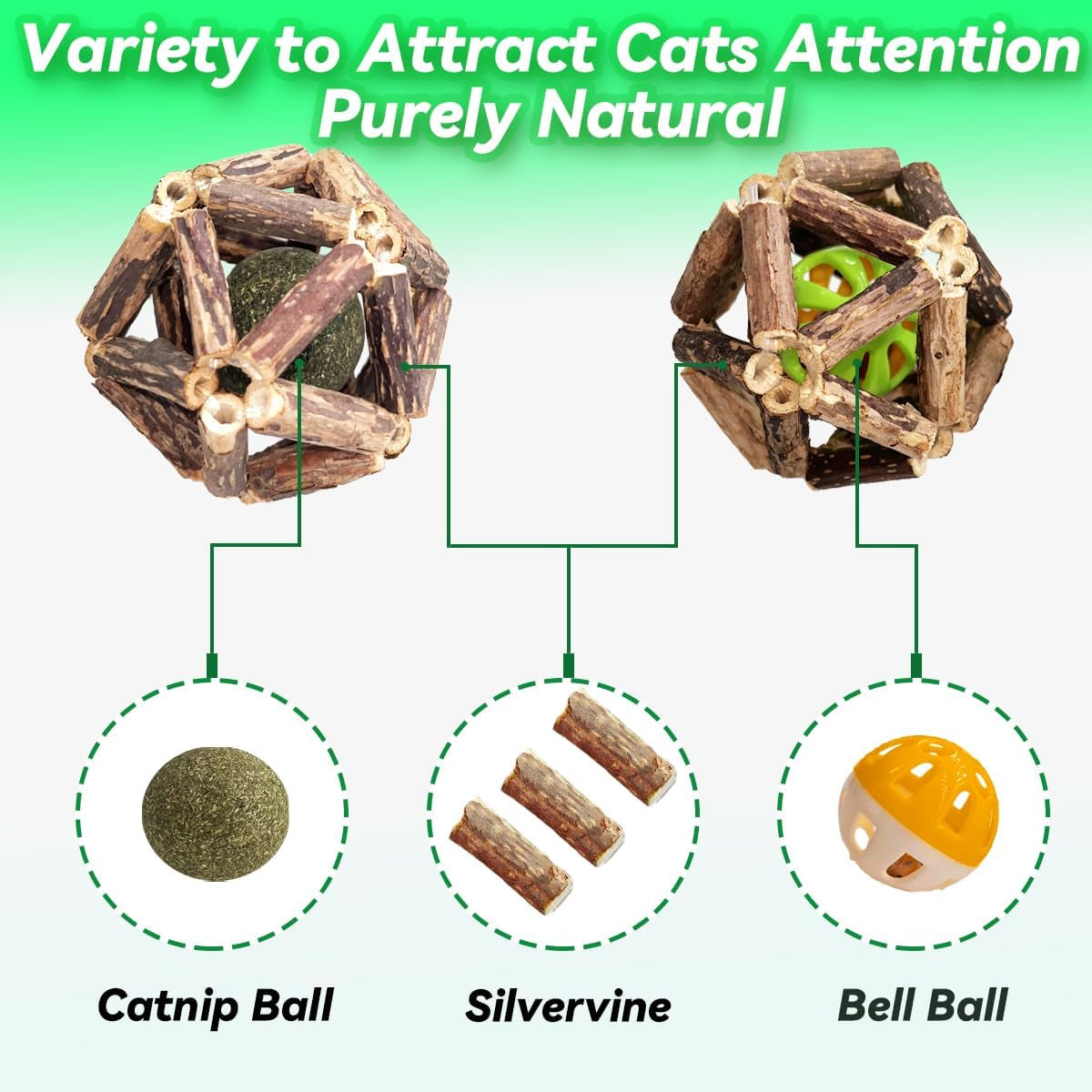 Cat Catnip Toys 3 Packs Catnip Ball Toys, Nature Silvervine Stick Cage Cat Bell Balls, Catnip Toys for Cleaning Teeth, Relaxing Cats, Cat Toys for All Breeds