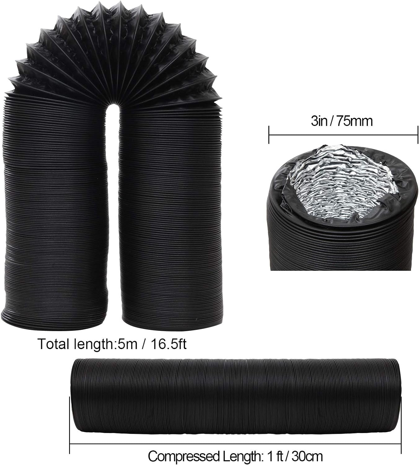 3Inch Flexible Ducting Hose 16.5 Feet Black Aluminum Ducting Dryer Vent Hose with 2 Screw Clamps for Heating Ventilation Air Conditioning (HVAC), Boat Blower, Exhaust Grow Tents