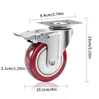 D&amp;L 4 Inch Plate Swivel Casters Wheels 1800Lbs Heavy Duty Casters with Brake Polyurethane Dual Locking Casters Set of 4 Red DL-I4-001