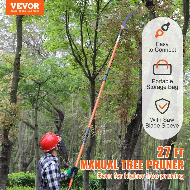 VEVOR Manual Pole Saw, 7.3-27 Ft Extendable Tree Pruner, Sharp Steel Blade High Branches Trimming, Manual Branch Trimmer with Lightweight 8 Fiberglass Handles, for Pruning Palms and Shrubs