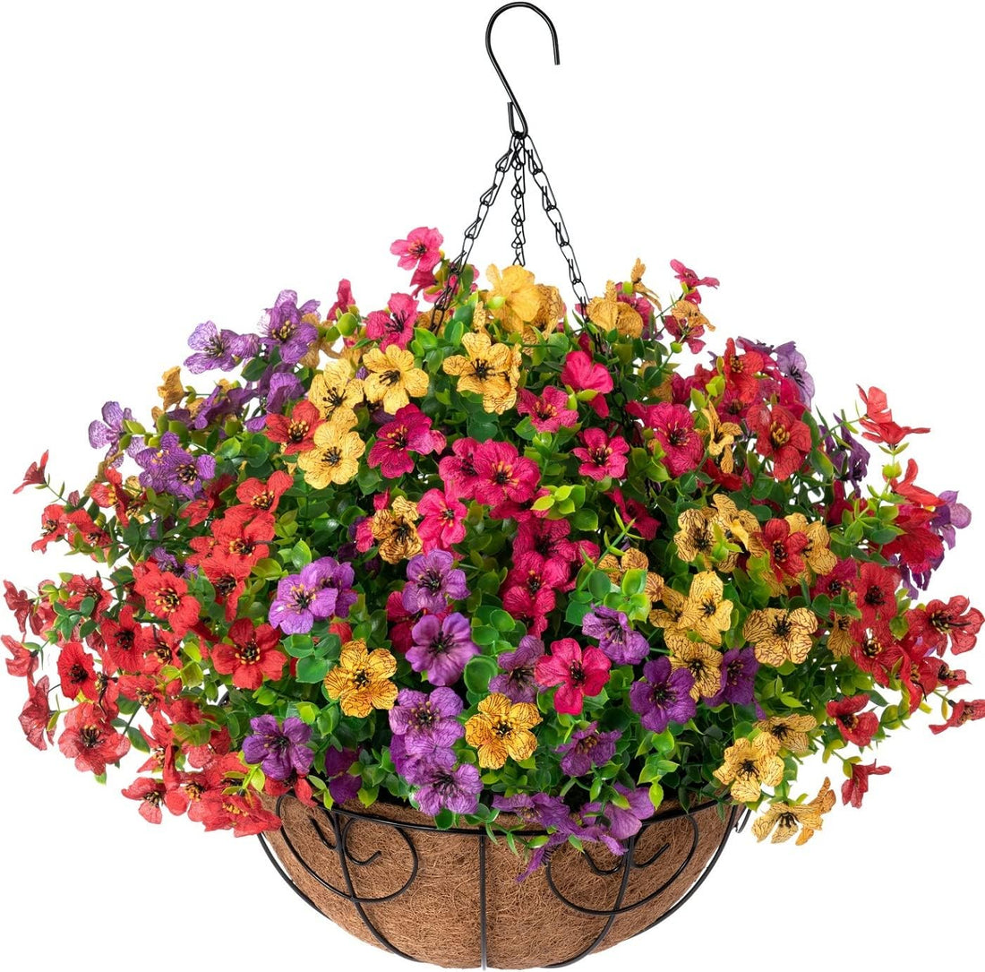 Artificial Faux Hanging Plants Flowers Basket for Summer Outdoor outside Decoration, Fake Silk UV Sun Resistant Look Real Colorful Daisy Eucalyptus for Porch Home Patio Balcony Yard