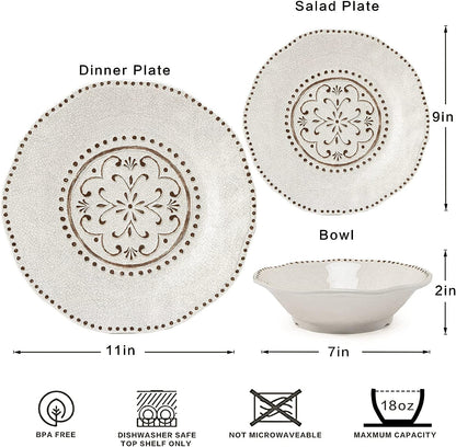 Beaded Crackle 12 Piece Melamine Camping Dinnerware Set, Plates and Bowls Sets, Indoor and Outdoor Use, Break-Resistant Rustic RV Dishes Set, Service for 4(Ivory)…