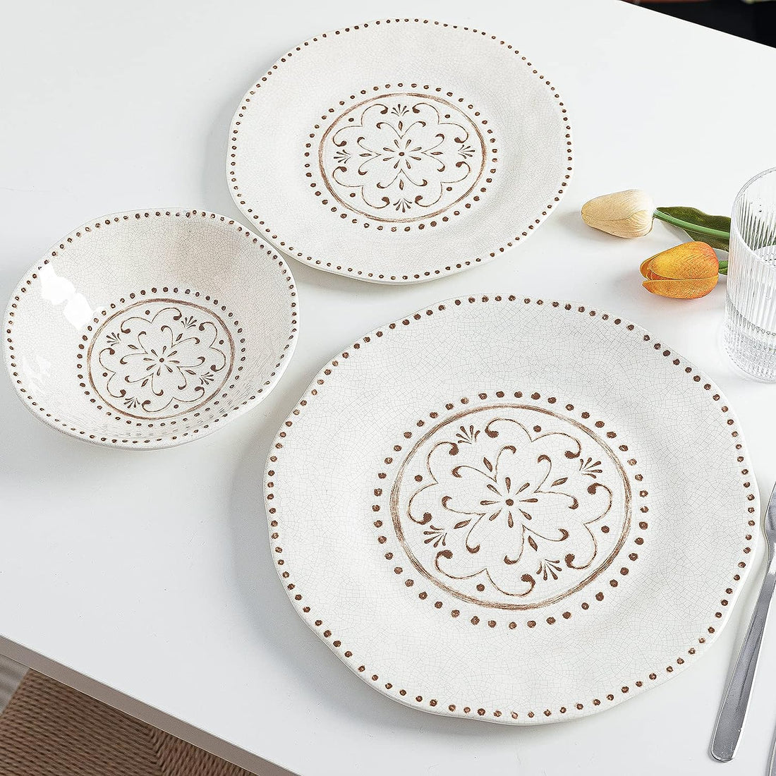 Beaded Crackle 12 Piece Melamine Camping Dinnerware Set, Plates and Bowls Sets, Indoor and Outdoor Use, Break-Resistant Rustic RV Dishes Set, Service for 4(Ivory)…