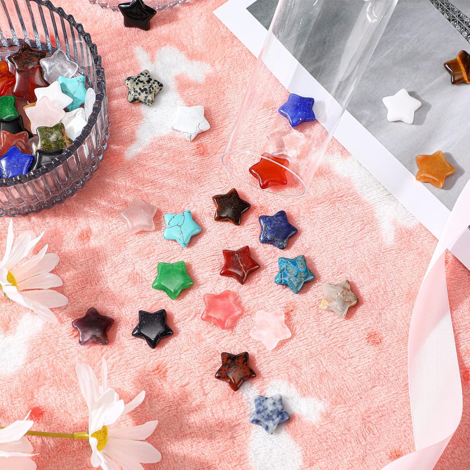 50 Pcs Worry Stones Star Shaped Crystal Stones Bulk 0.8 Inch Mini Crystal Stones Star Crystal Pocket Carved Stone Star Gemstones for Christmas Witchcraft Meditation Balancing DIY Jewelry(Retro)