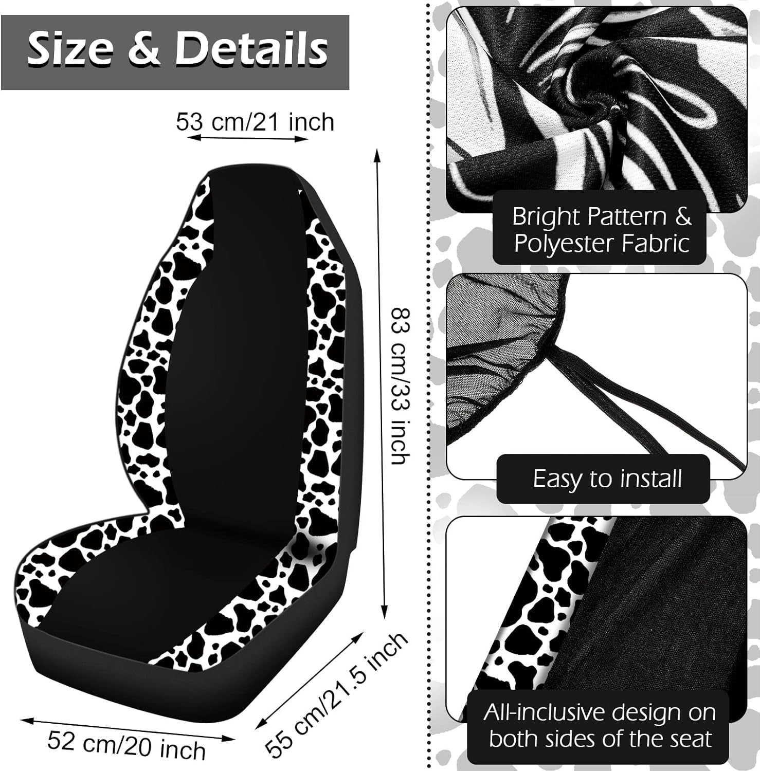 Cow Print Car Seat Covers Full Set for Women Men Cow Print Car Accessories Set Rubber Steering Wheel Cover Car Armrest Pad Cover Seat Belt Pads Wrist Holder Keychain(Classic Style, Rubber)