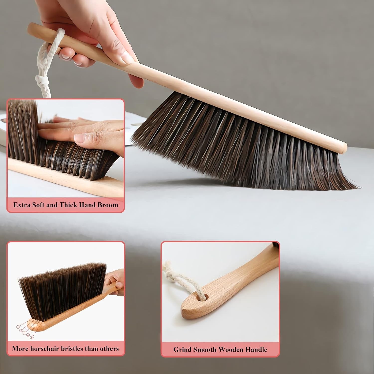 Counter Duster with Wood Handle, Hand Broom,Wood Block Hand Brush,Horse Hair Brush Broom Dust Brush Bench Woodworking Brush-Brushes Used for Counter, Furniture, Drafting, Patio, Fireplace Cleaning