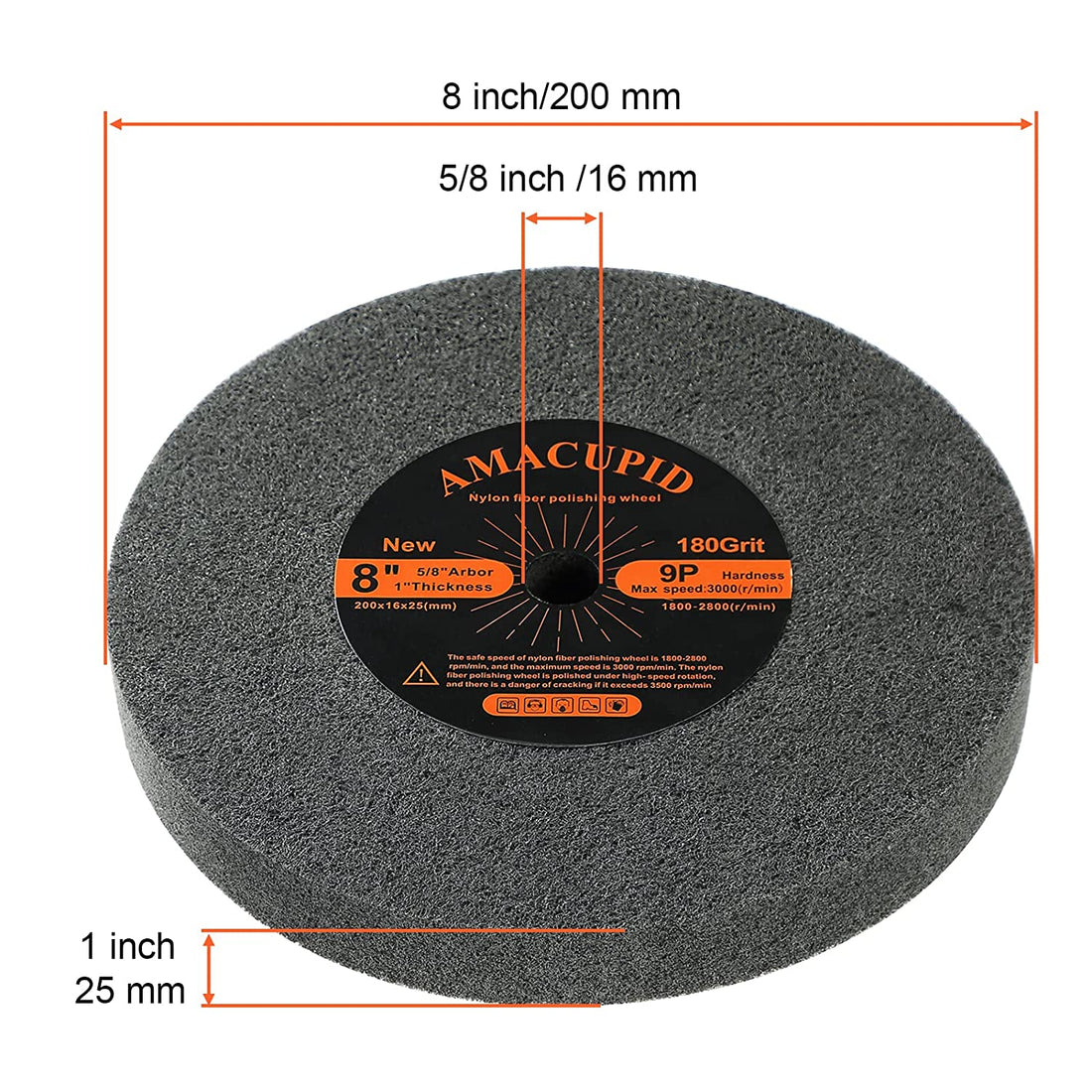 Deburring Wheels, Nylon Fiber Wheel 8 Inch 9P Hardness. for Bench Grinder Buffing Machine Polishing Stainless Steel, Etc. Silicon Carbide Abrasive. 180 Grit, 5/8 Inch Arbor, 1 Inch Thickness